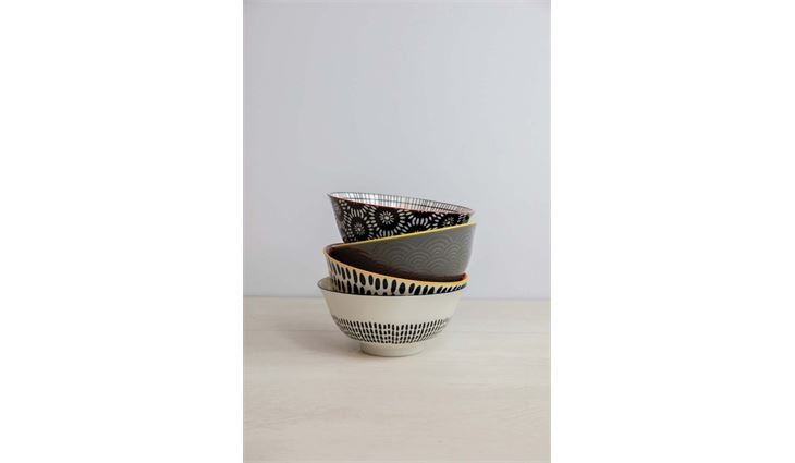 KitchenCraft Glazed Stoneware Bowl, Black Tile (Set Monochr)