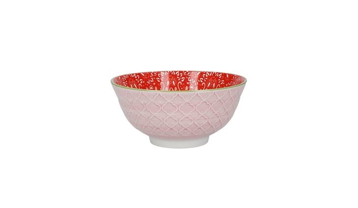 KitchenCraft Glazed Stoneware Bowl, Red Damask (Set Brights)