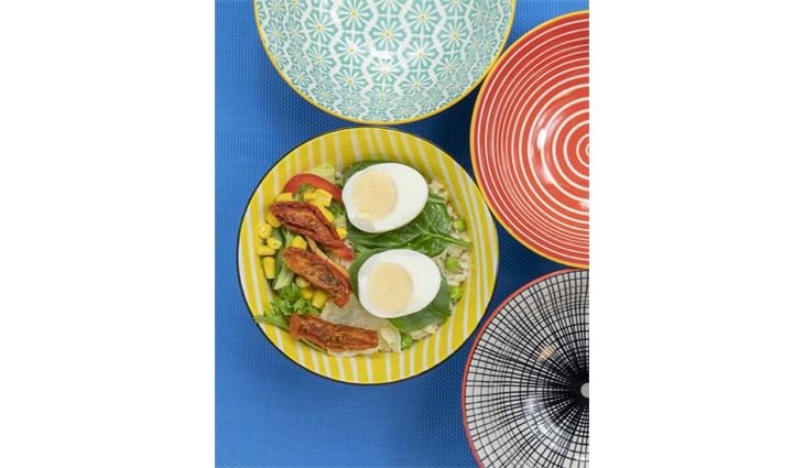 KitchenCraft Glazed Stoneware Bowl, Yellow Stripe,(Set Monochro